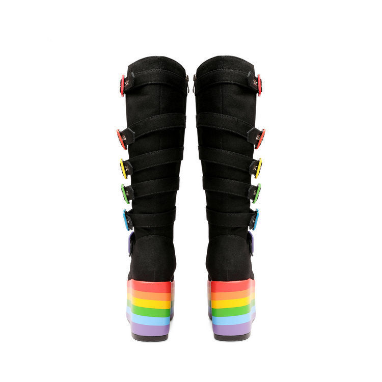 Women's Denim Wedge High Heel Buckle Boots