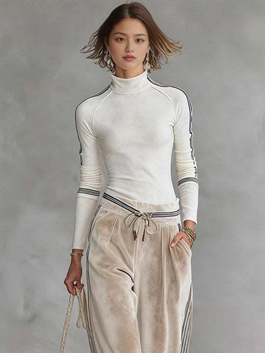Stylish Casual Sporty Turtleneck Zip-up Wide-leg Pants Set