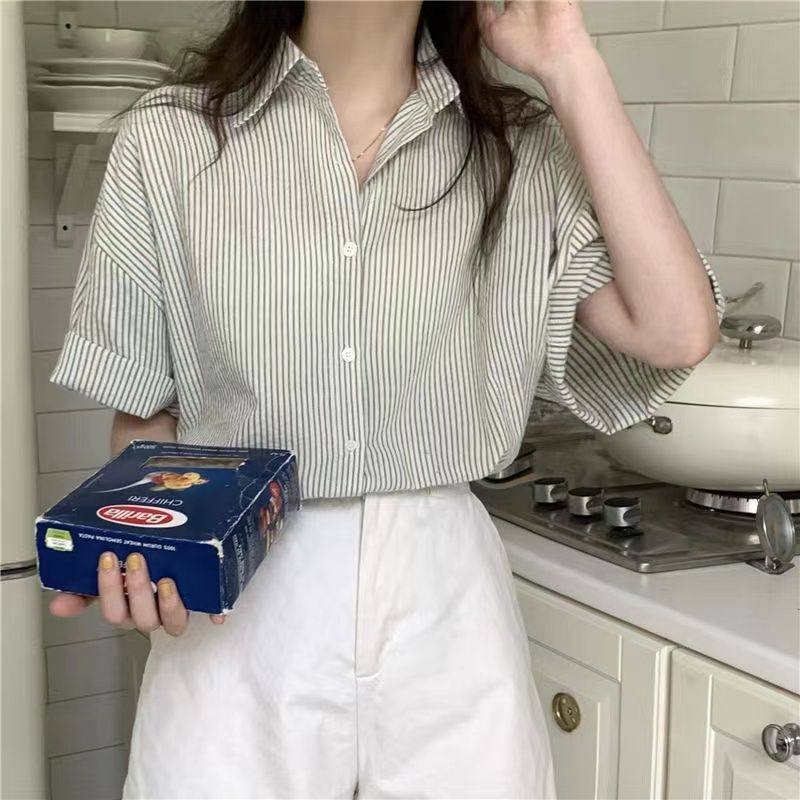 Women's Short-sleeve Blue Striped Shirt
