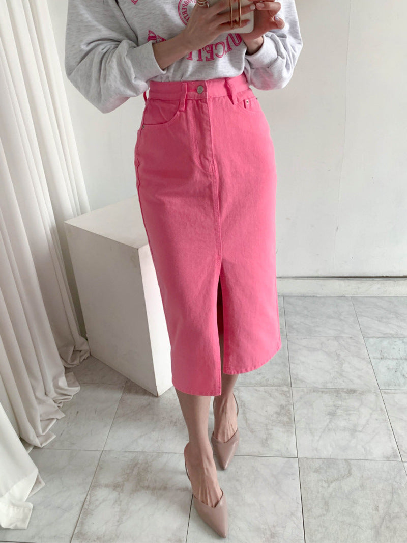 Niche Retro High Waist Slimming Design Slit Slim-fitting Sheath Denim Skirt