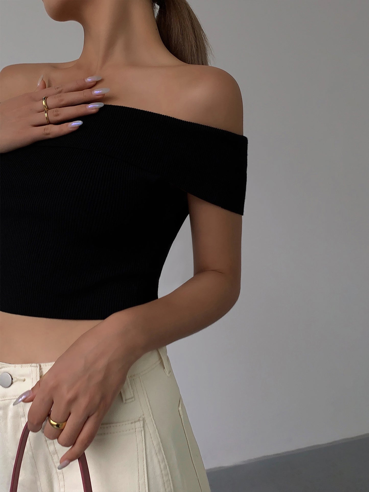 One-shoulder Knitted T-shirt Women's Cropped Crop Top