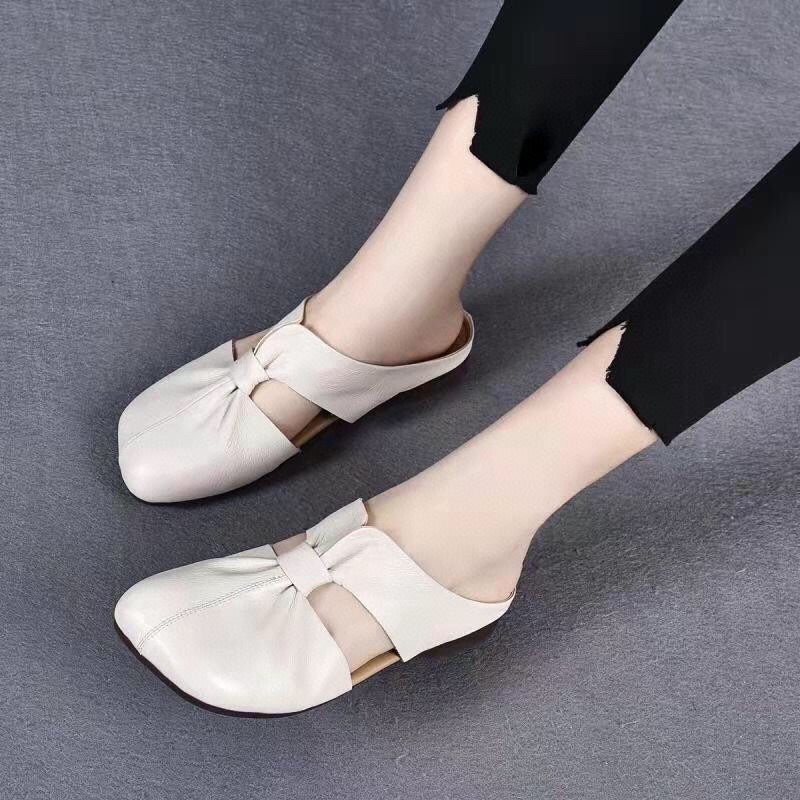 Soft Leather Bottom Square Bow Women's Slippers