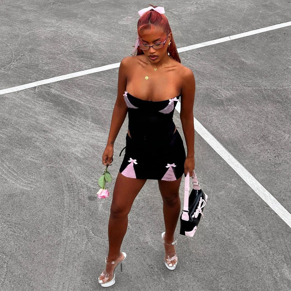 New Color-blocked Bow Backless Bustier Dress Set