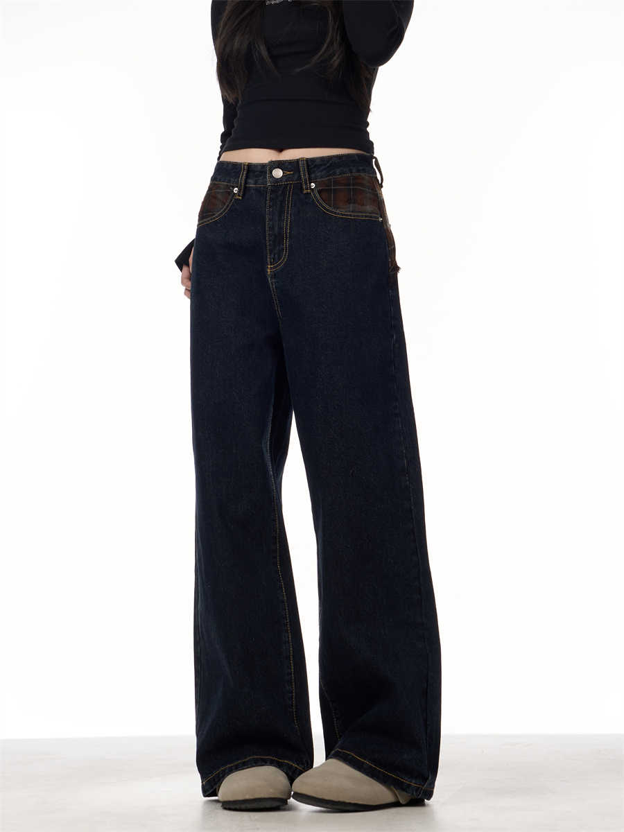 Retro Patchwork Plaid Blue Jeans For Women Loose Straight Trousers