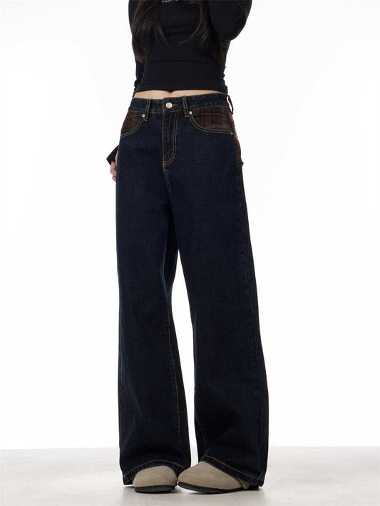 Retro Patchwork Plaid Blue Jeans For Women Loose Straight Trousers