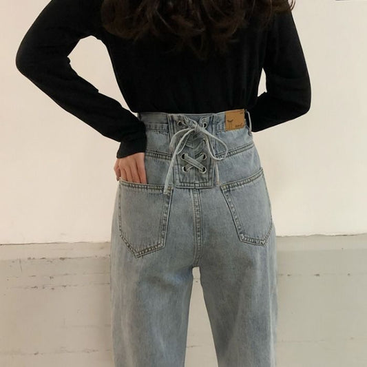 Loose Retro High-waist Strap Straight Wide-leg Jeans