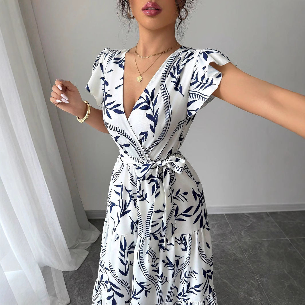 A-line Dress With Lace-up Details And Short Sleeves