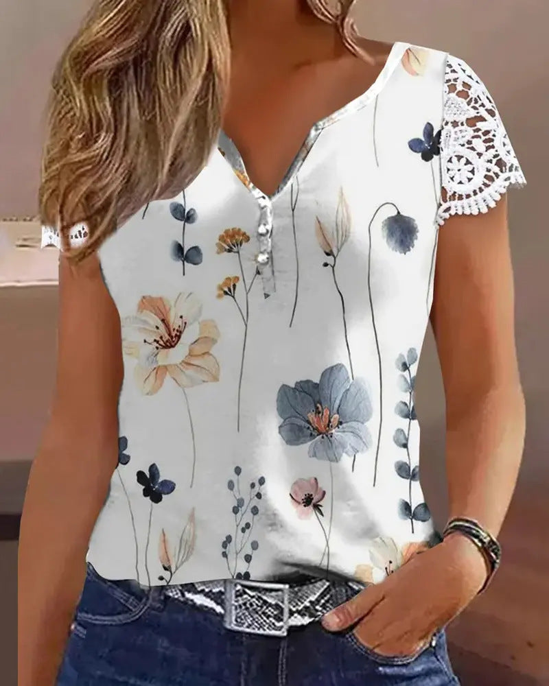 Kvinders trykte kortærmede patchwork blonde T-shirt