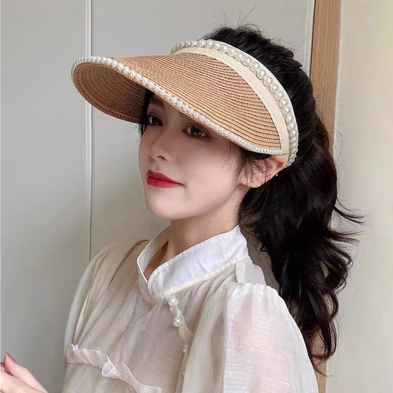 Empty Top Sunshade Pearl Straw Hat Women Lace