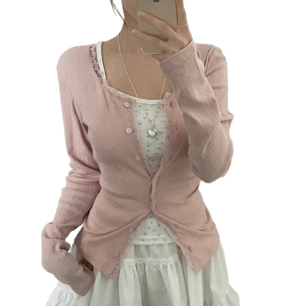 Women's Lace Stitching Light Long Sleeve Knitted Coat