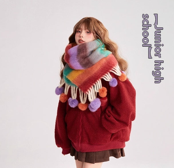 Colorful Striped Wool Ball Warm Scarf
