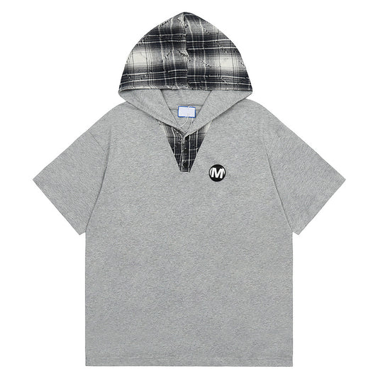 American Style Retro Patchwork Plaid Hooded Short Sleeve