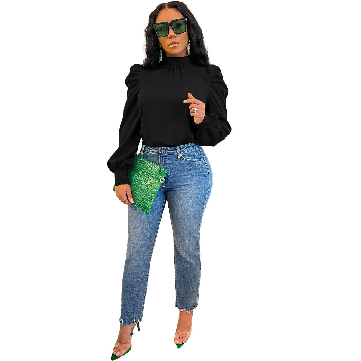 Stand Collar Puff Sleeve Back Lace-up Top