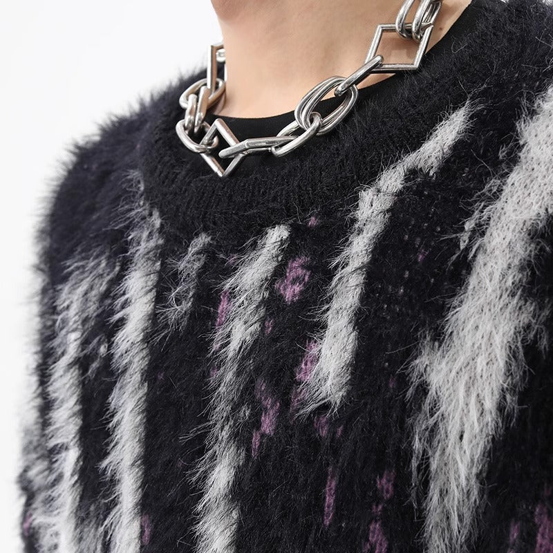 High Street Kontrastfarvede Lodrette Striber Rund Hals Efterår Vinter Retro Doven og Løs Minklignende Sweater