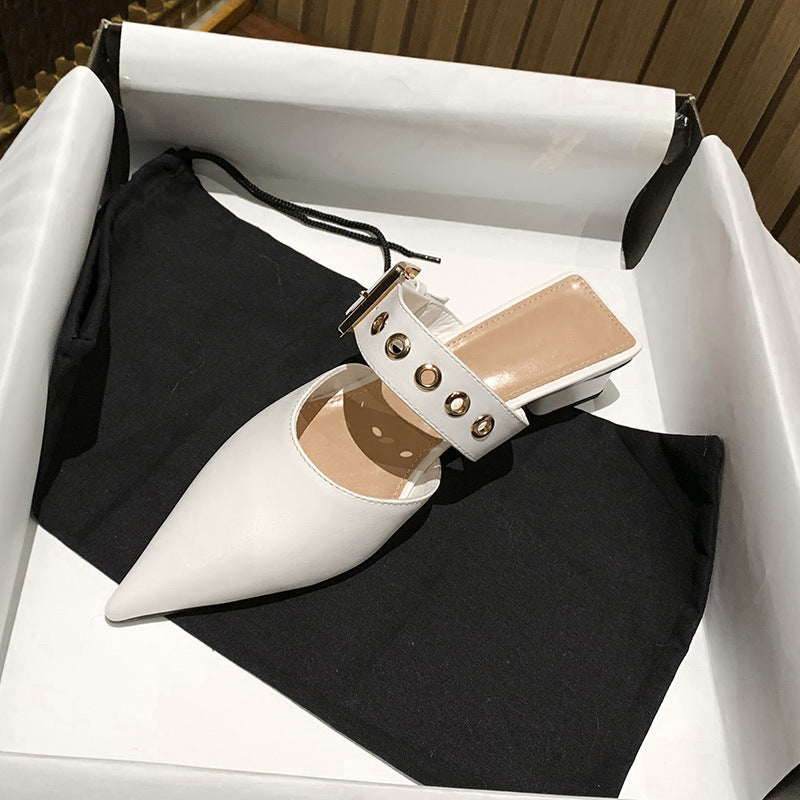 Women's Single Shoes Pointed Toe Sandals Women's Thick Heel Baotou Half Slippers