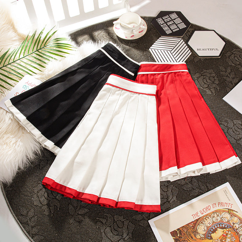 Contrast Color Pleated High-waisted Red New Year A- Line Skirt