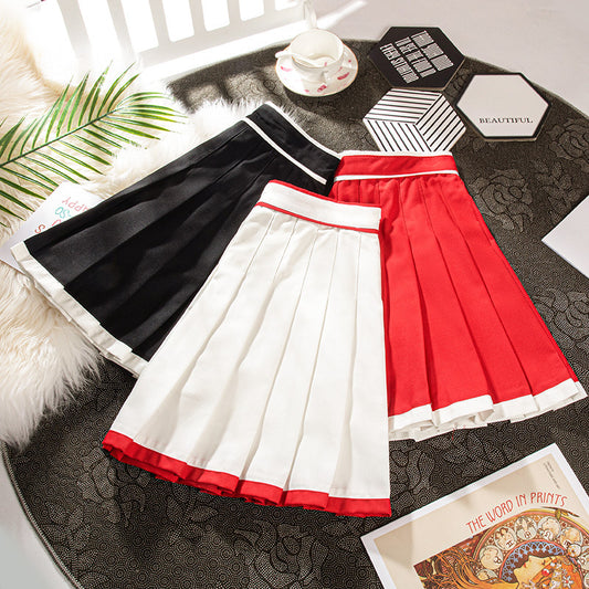 Contrast Color Pleated High-waisted Red New Year A- Line Skirt