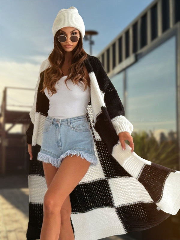 Mid-length Casual Color Plaid Sweater Cardigan Women's Clothes