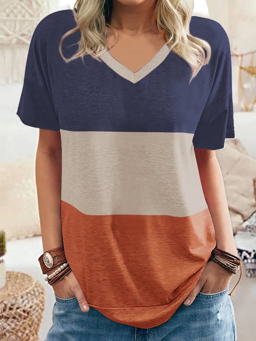 Women's Color Matching V-neck Casual Loose Short Sleeves