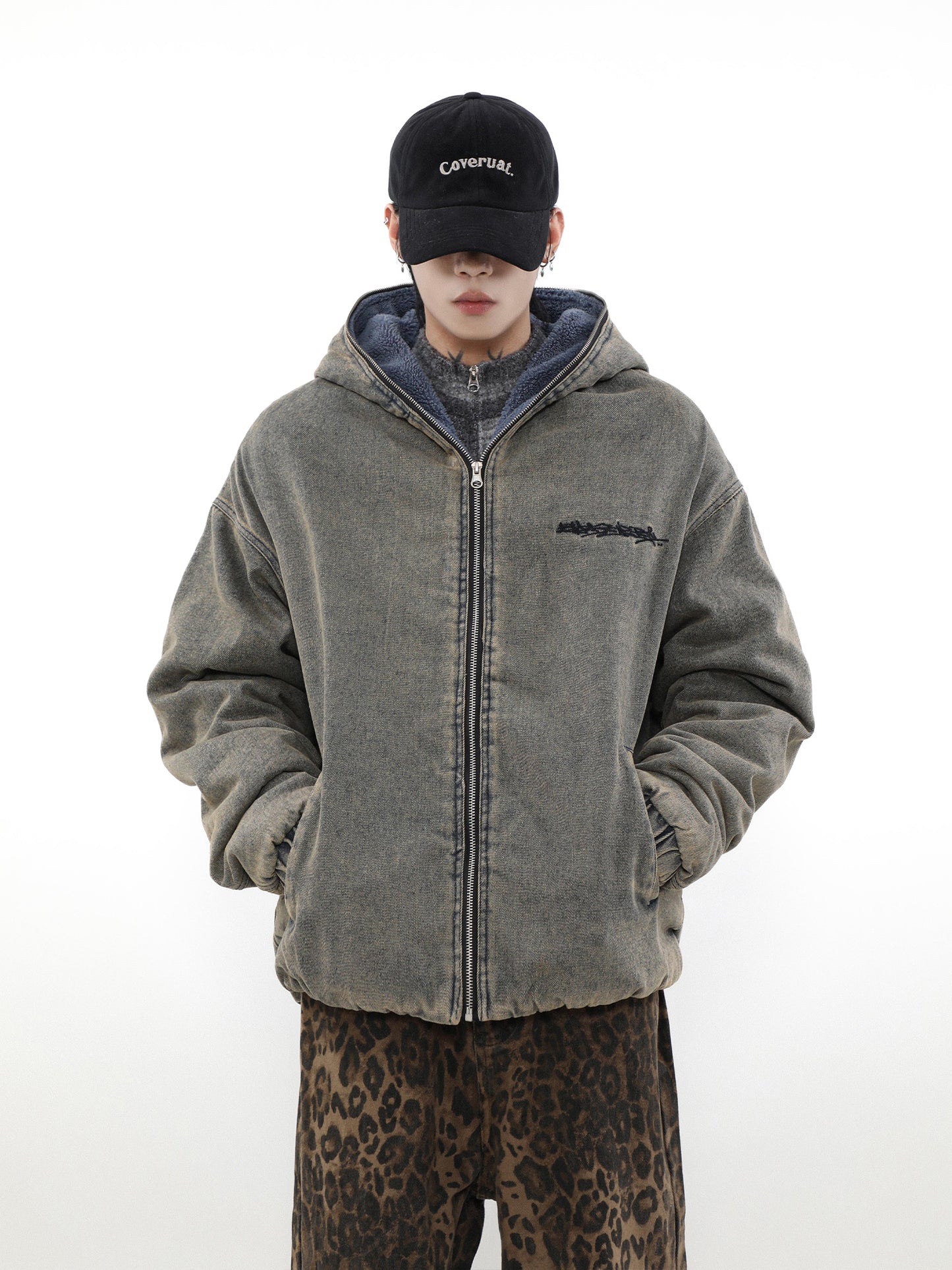 Thick Lambskin Coat Men's Hooded Denim Cotton Jacket