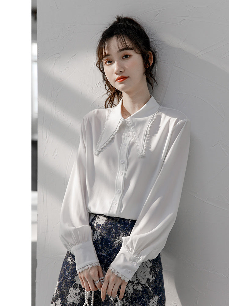 Women's Loose White Long Sleeve Chiffon Shirt