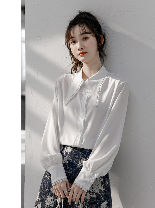 Women's Loose White Long Sleeve Chiffon Shirt