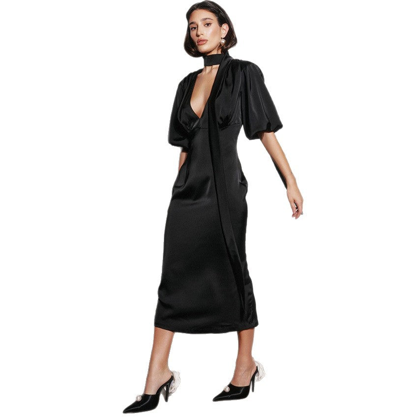Summer Short Sleeve Puff Sleeve Deep V Neck A Line Maxi Dress