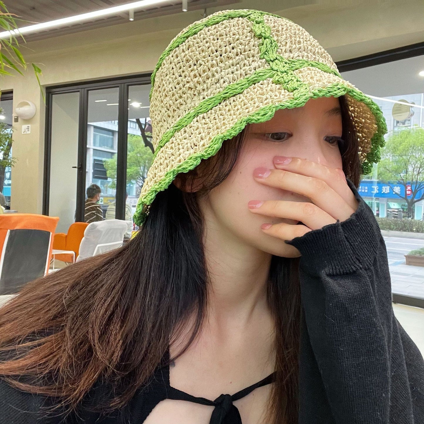 Contrast Color Lace Straw Hat Ins Casual All Match
