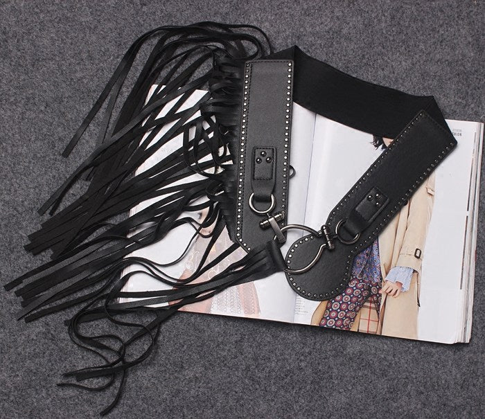 Punk Style Long Fringed Skirt Women's Studded Elastic Black Belt
