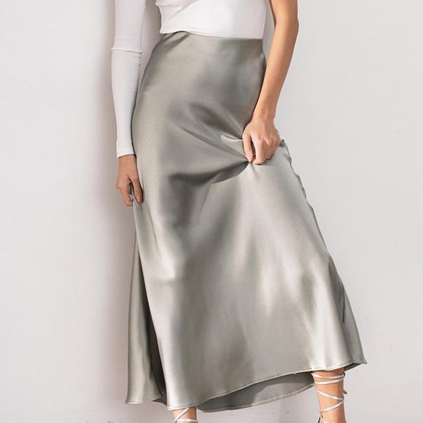 Long Sleeve High Waist Artificial Silk Elegant Fishtail Skirt Draping Satin Slit Skirt