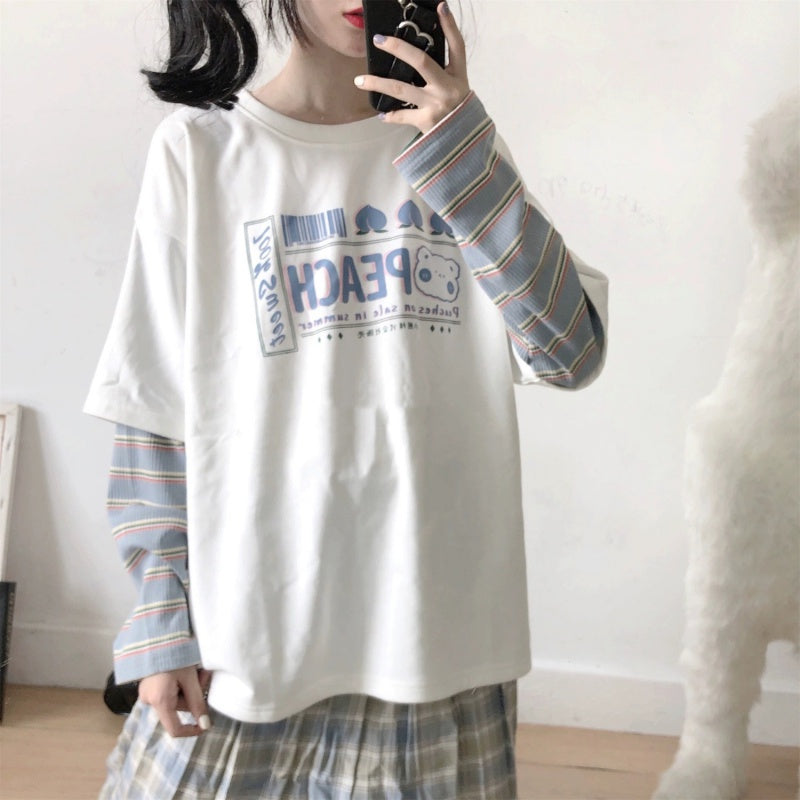 Japanese Vintage Fake Two-piece Long-sleeved T-shirt
