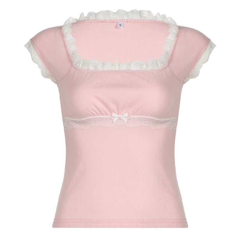 Fashion Sweet Gentle Lace Stitching Square Collar Short Sleeve T-shirt