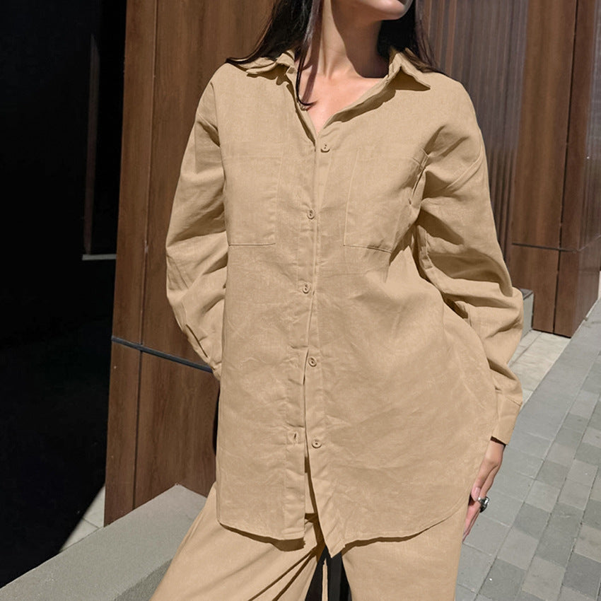 Cross-border Casual Khaki Cotton-linen Set Autumn Foreign Trade Shirt Wide-leg Pants Two-piece Street Style Women's Clothing