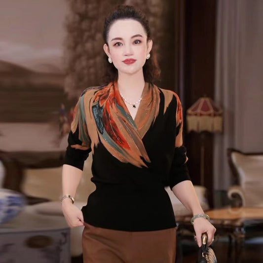 Temperament Floral V-neck Sweater Women Thin Base