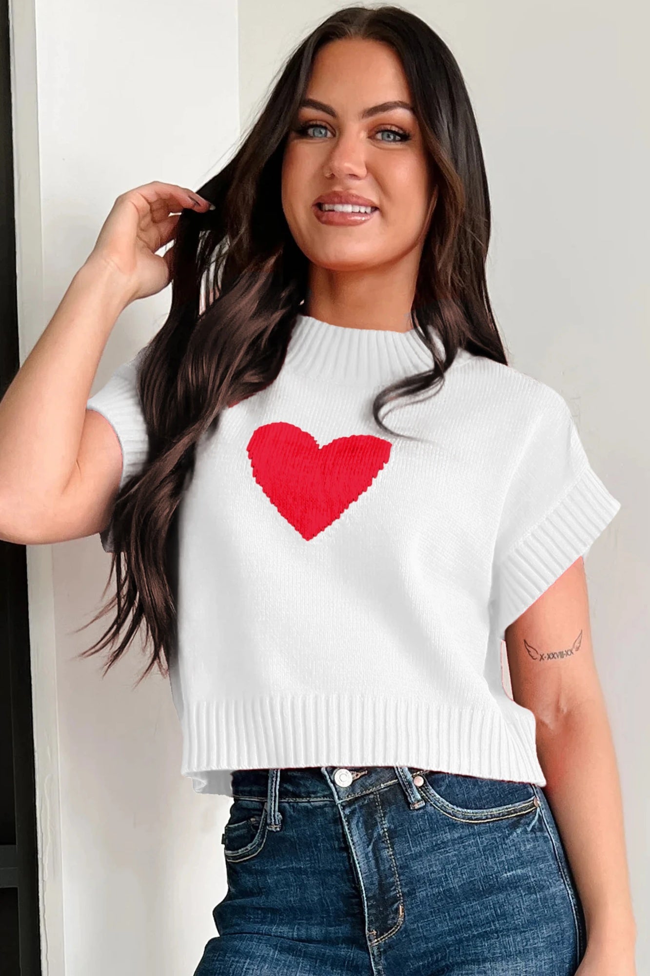 Womens Casual All-Match Heart-Shaped Short-Sleeve Knitted Sweater
