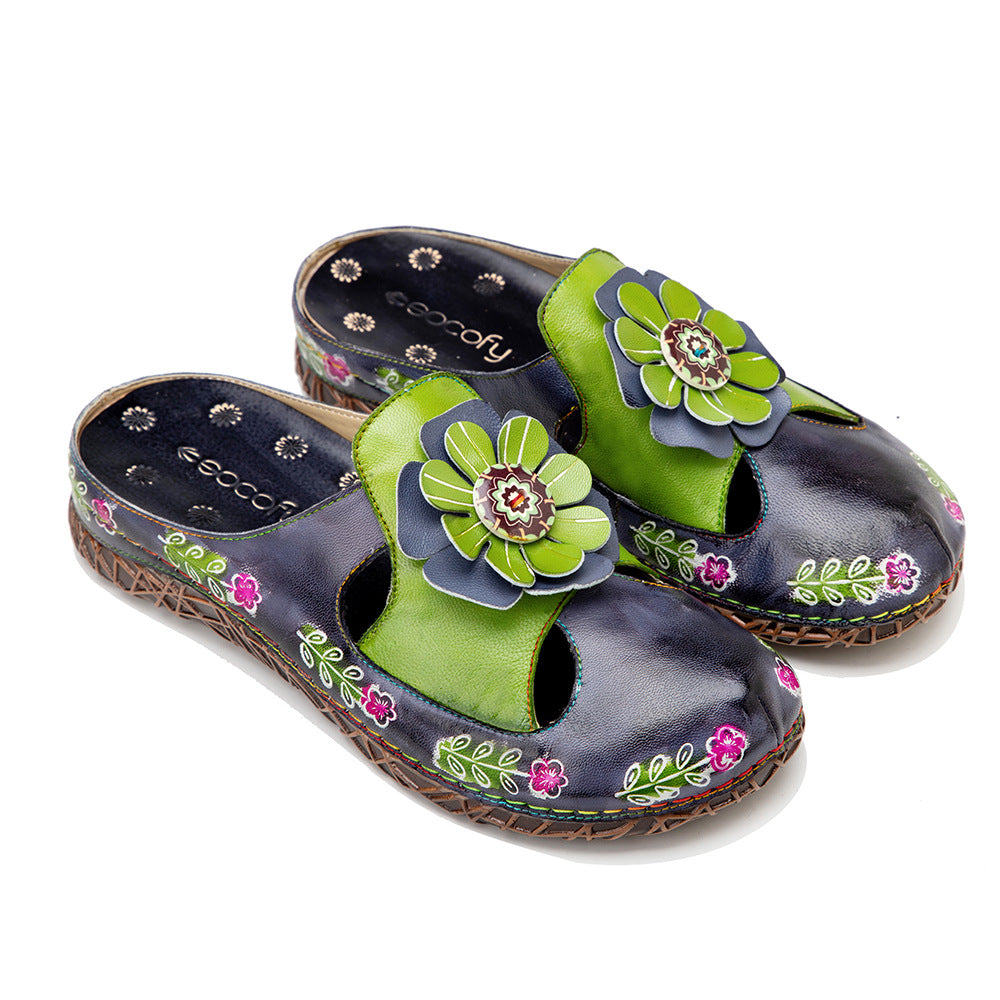 European And American Flat Bottom Flower Daily Home Leisure Half Slippers Women