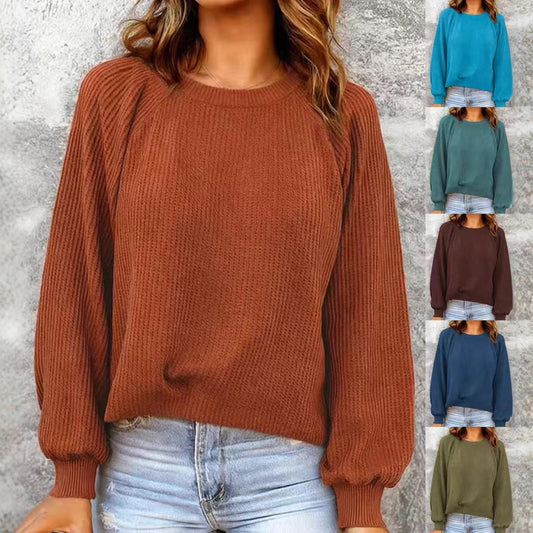 Fashionable Solid-Color Waffle-Knit Long-Sleeve Pullover Top