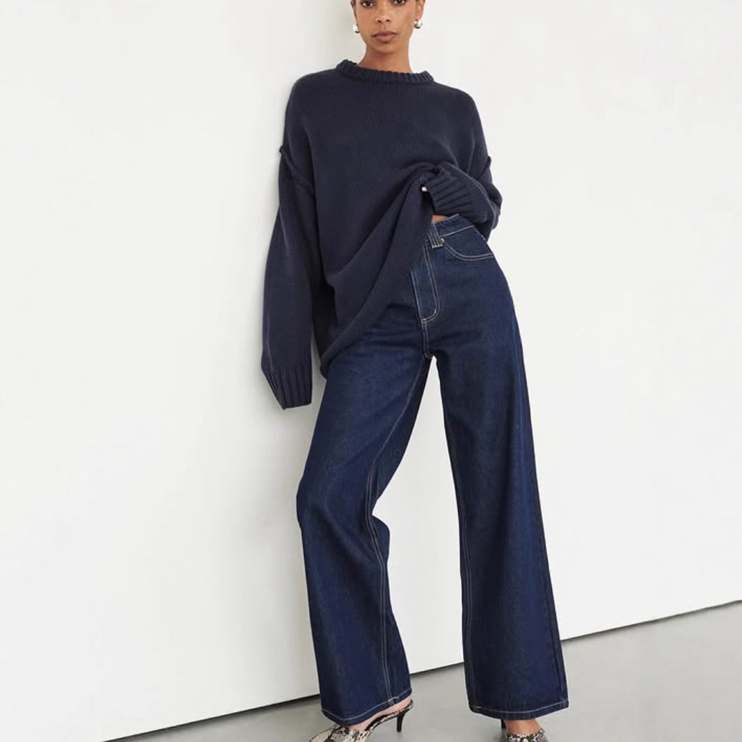Round Neck Reverse Sweater Solid Color Casual Knitted Top