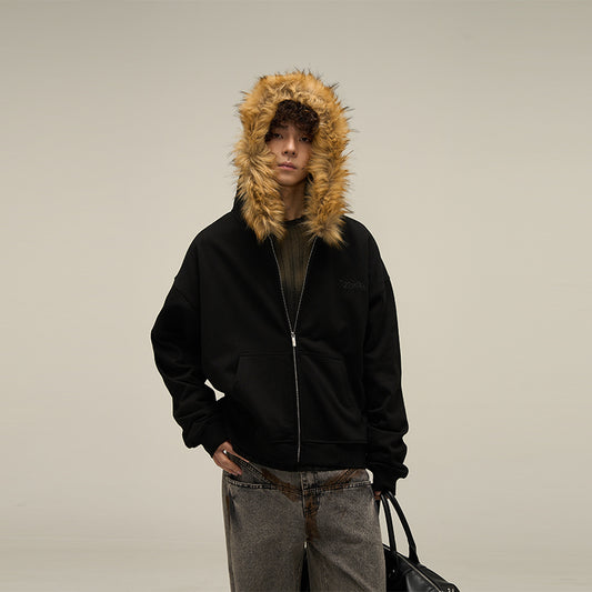 Vintage Fur Collar Couple Hooded Zip-up Jacket