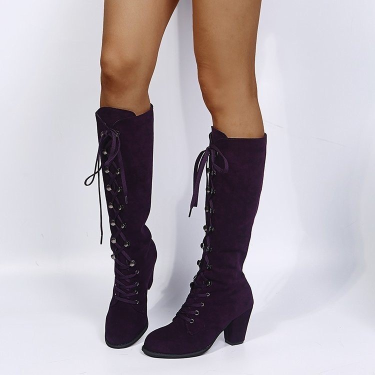 Winter New High Solid Color Thick Heel Round Head Lace-up Knight Boots Fashion High Heel Boots