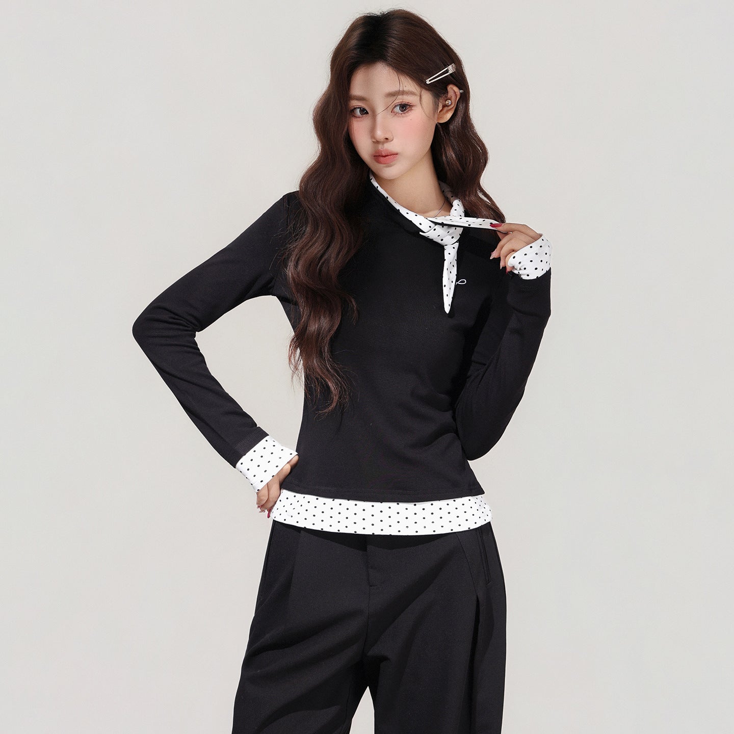 Women's Black Polka Dot Bow Fake Two-Piece Long Sleeve T-Shirt