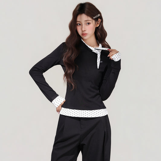 Women's Black Polka Dot Bow Fake Two-Piece Long Sleeve T-Shirt