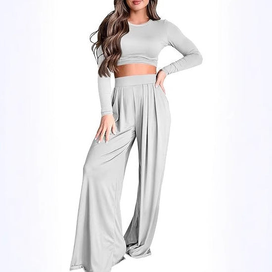Fall Long-sleeve Midriff-baring Top And Wide-leg Pants Two-piece Set