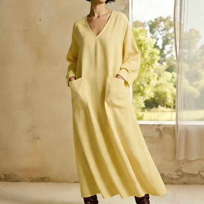 Casual Solid-Colored V-Neck Pocket Long-Sleeve Cotton-Linen Dress