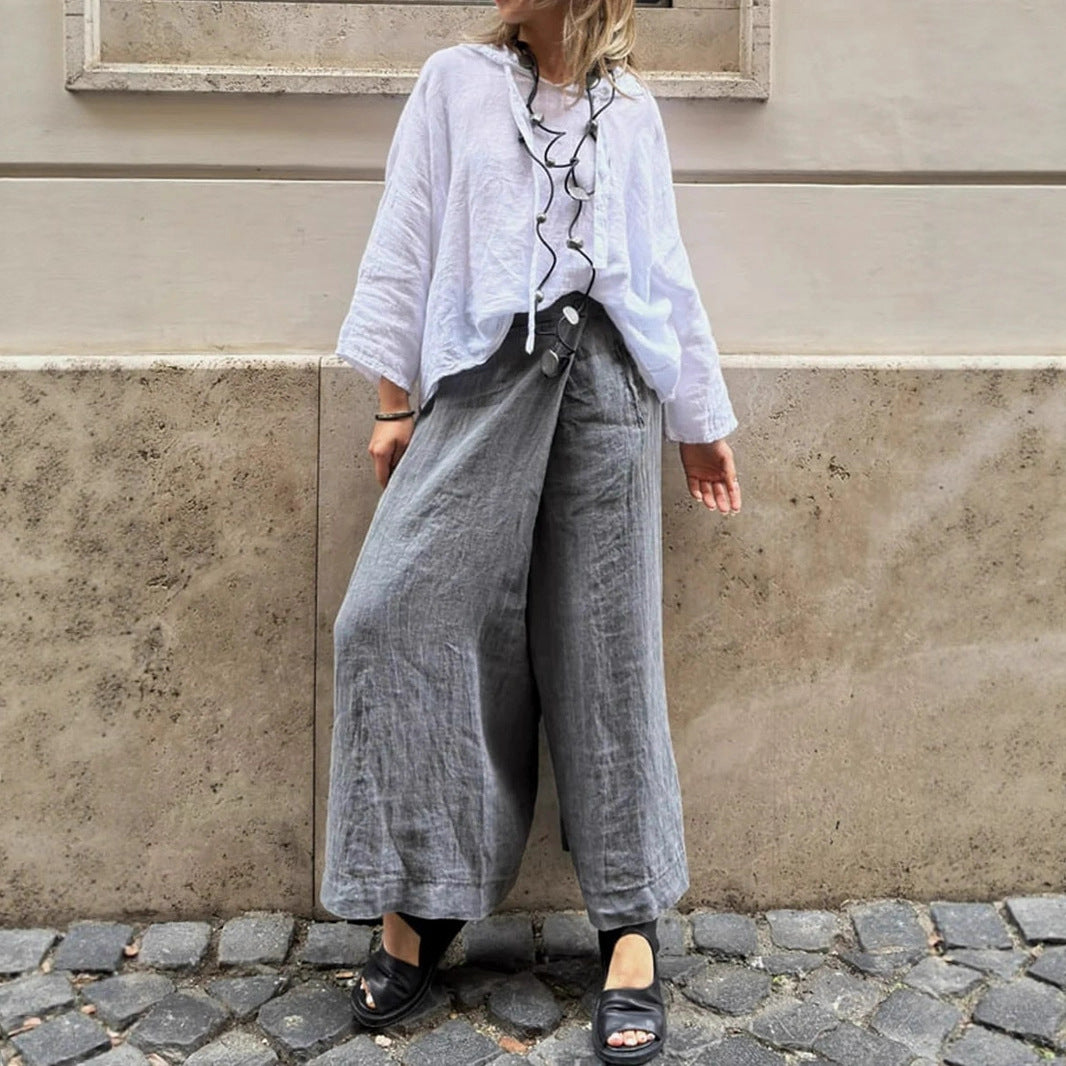 Cotton And Linen Loose Button Wide-leg Pants
