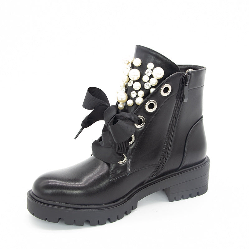Solid Color Front Lace-up Pearl Mid-tube Martin Boots