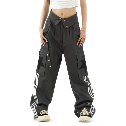 Women's Flanging Overalls Striped All-matching Straight Loose Trousers