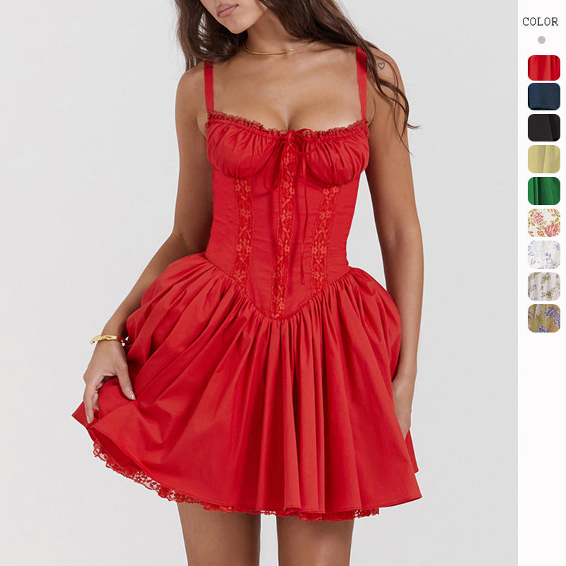 Lace-panelled Cinched-strapped Mini Dress For Women