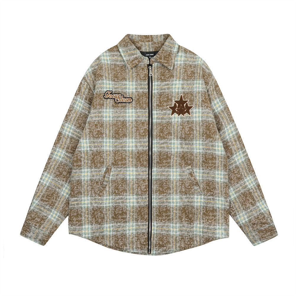 American Retro Plaid Washed And Worn Cotton Coat Jacket Men