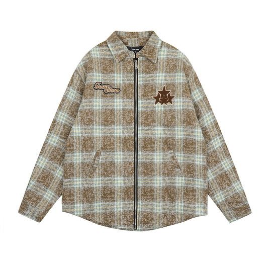 American Retro Plaid Washed And Worn Cotton Coat Jacket Men